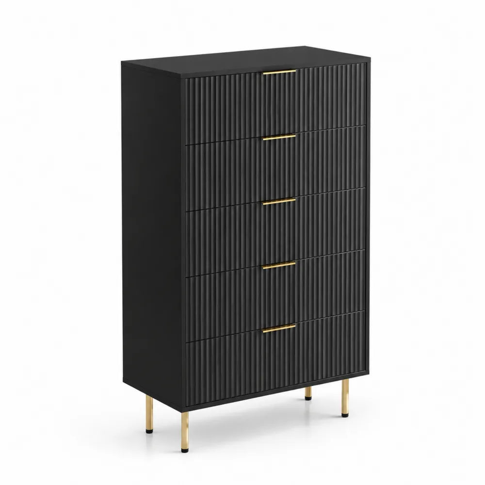Schwarze Kommode mit 5 Schubladen aus MDF und Stahl