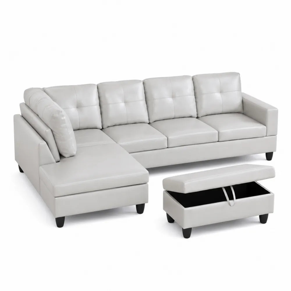 Ecksofa mit Ottomane aus Kunstleder, Hellgrau