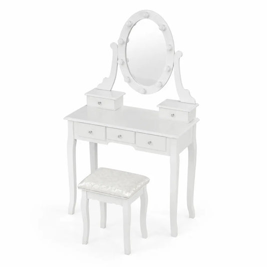 Holz Schminktisch mit Hocker und Oval Spiegel Weiß