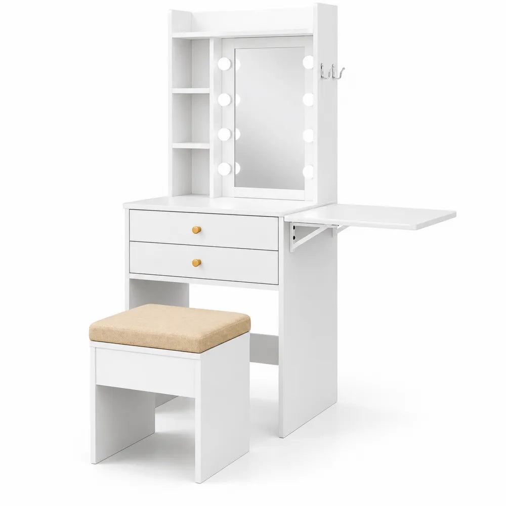 Schminktisch-Set mit Spiegelbeleuchtung, MDF und Hocker, Weiß