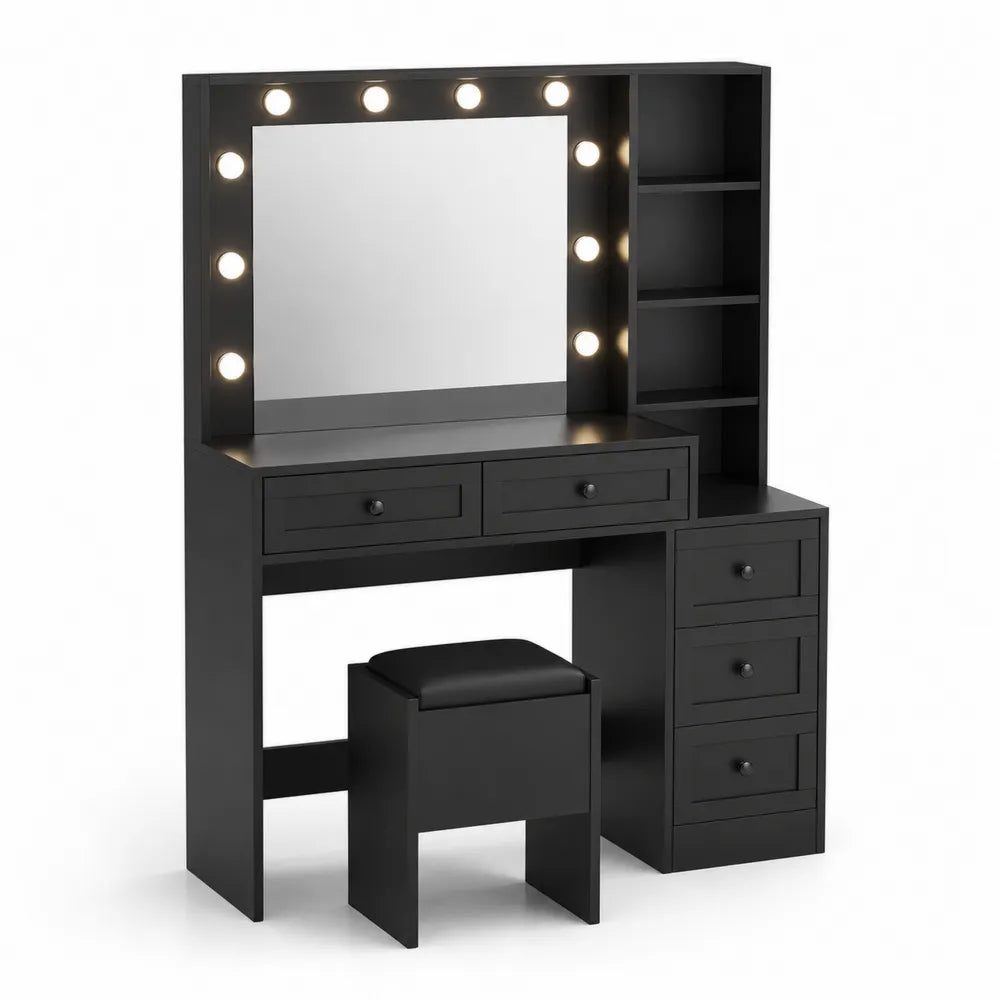 Schminktisch-Set aus Holzwerkstoff mit LED-Spiegel und Hocker in Schwarz