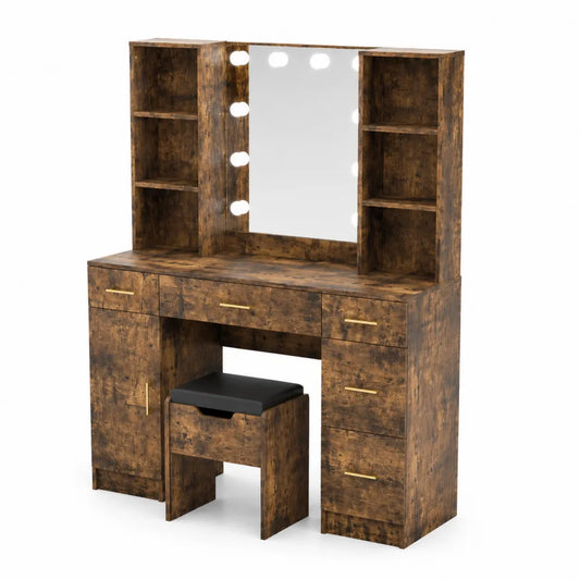 Schminktischset mit Spiegel und LED-Beleuchtung aus Holzwerkstoff Braun