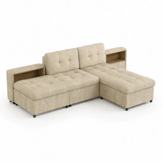 L-förmiges Ecksofa mit integriertem Regalfach Beige Stoff