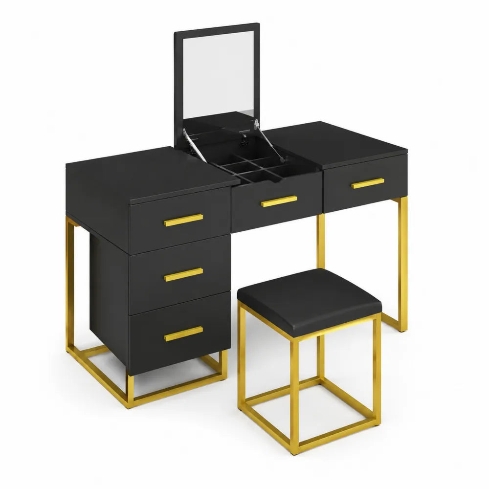 Schminktisch Set mit Hocker MDF Schwarz Gold 130x45x75 cm
